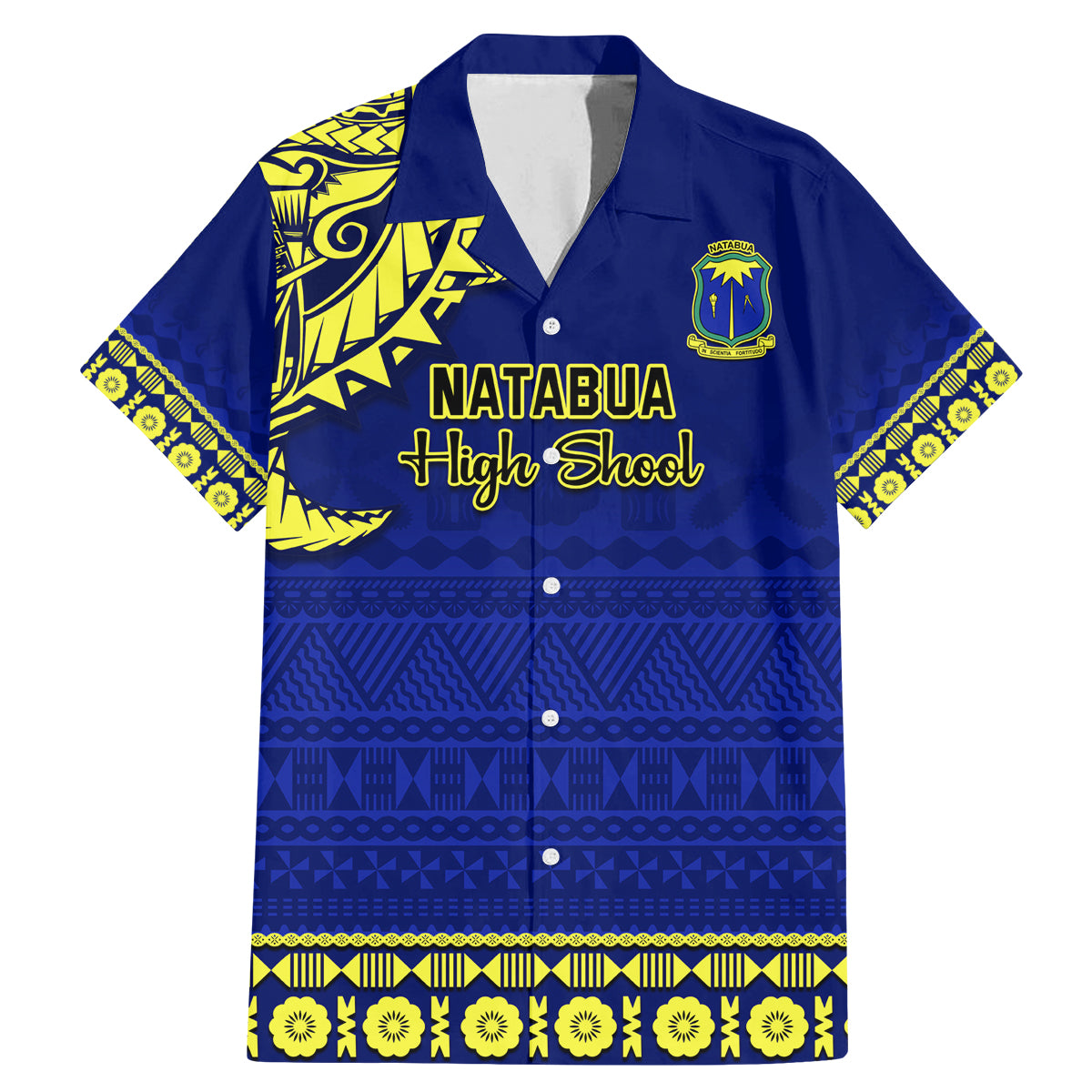 Personalised Fiji Natabua High School Family Matching Mermaid Dress and Hawaiian Shirt Fijian Tapa Pattern LT14 Dad's Shirt - Short Sleeve Blue - Polynesian Pride