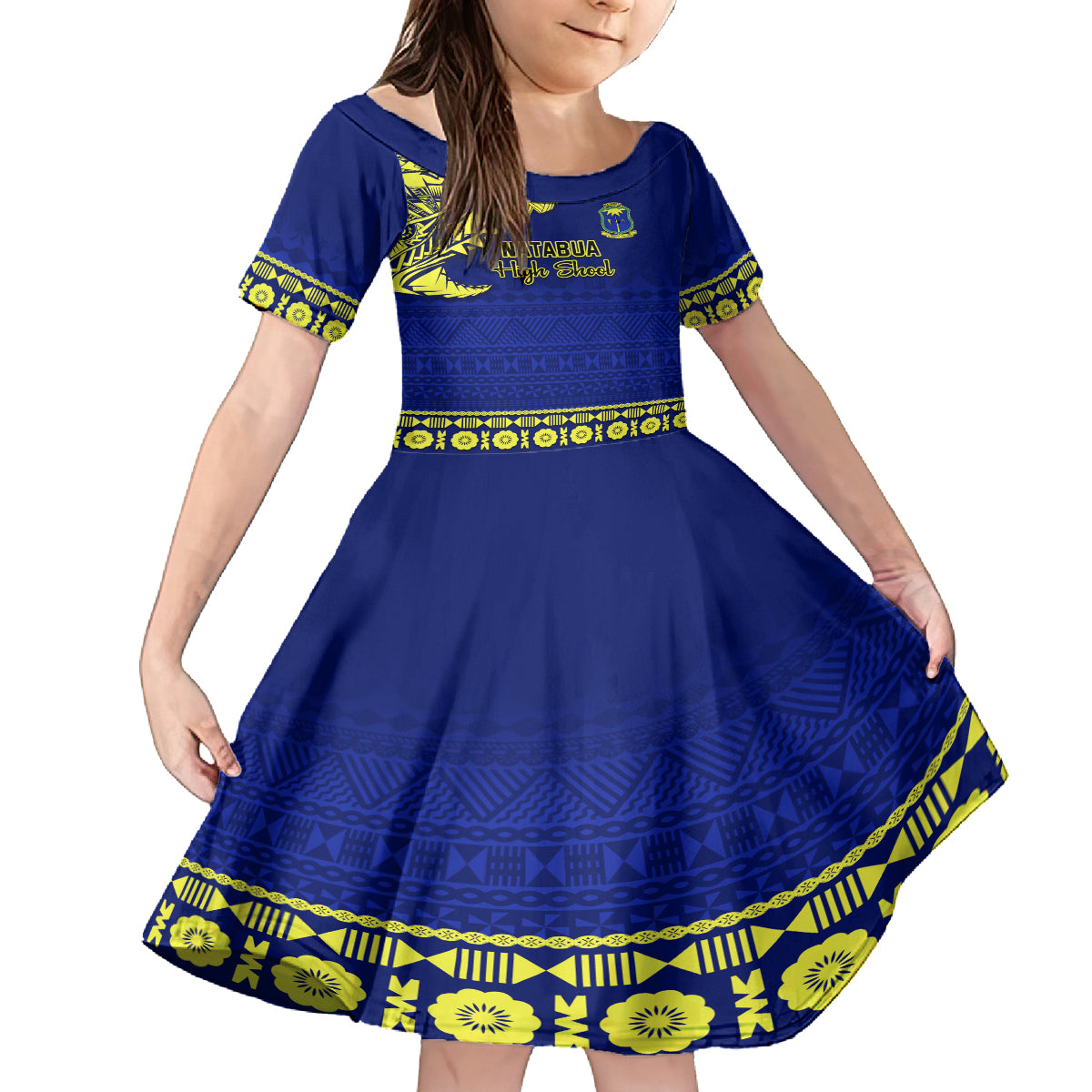 Personalised Fiji Natabua High School Family Matching Puletasi Dress and Hawaiian Shirt Fijian Tapa Pattern LT14 Daughter's Dress Blue - Polynesian Pride