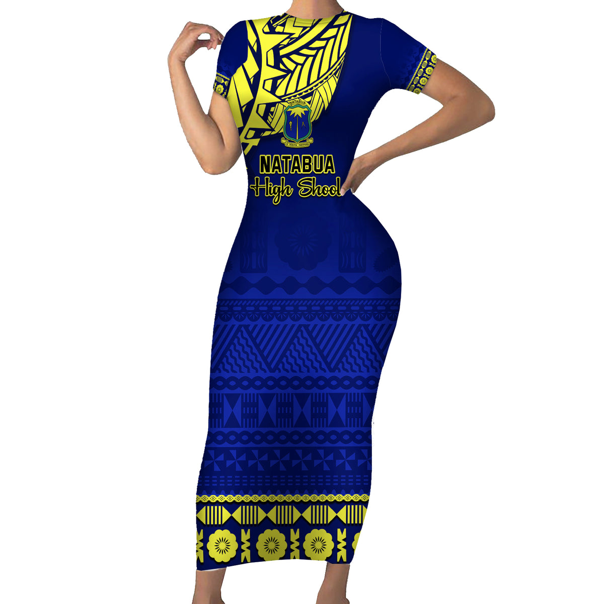 Personalised Fiji Natabua High School Family Matching Short Sleeve Bodycon Dress and Hawaiian Shirt Fijian Tapa Pattern LT14 Mom's Dress Blue - Polynesian Pride