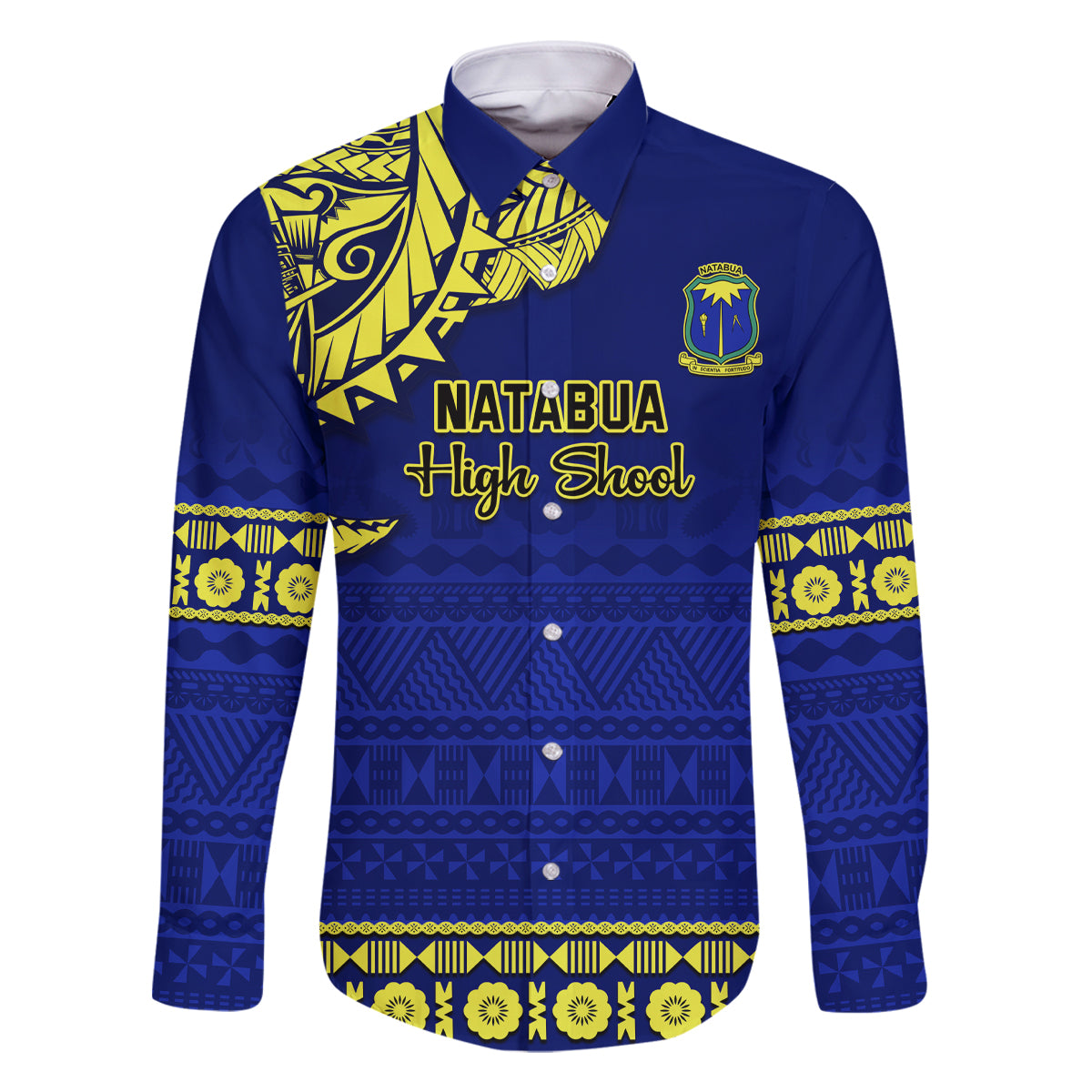 Personalised Fiji Natabua High School Family Matching Tank Maxi Dress and Hawaiian Shirt Fijian Tapa Pattern LT14 Dad's Shirt - Long Sleeve Blue - Polynesian Pride