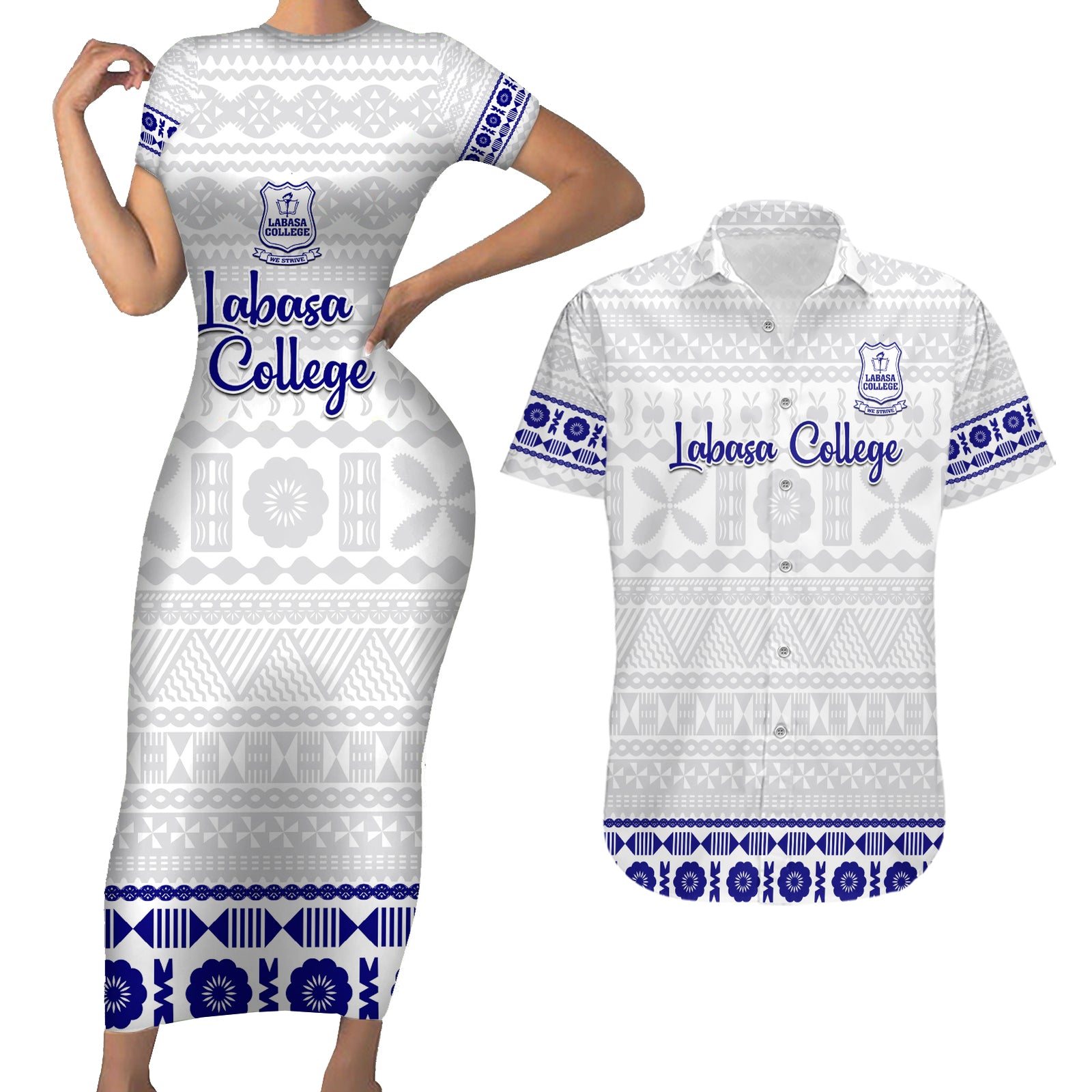 Personalised Fiji Labasa College Couples Matching Short Sleeve Bodycon Dress and Hawaiian Shirt Fijian Tapa Pattern LT14 White - Polynesian Pride