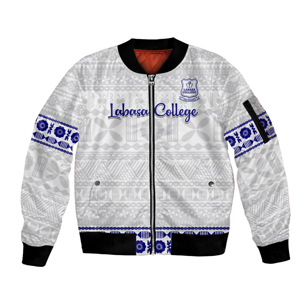 Personalised Fiji Labasa College Sleeve Zip Bomber Jacket Fijian Tapa Pattern LT14 Unisex White - Polynesian Pride