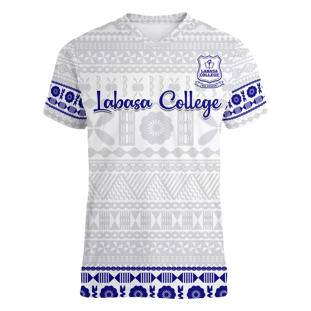 Personalised Fiji Labasa College Women V Neck T Shirt Fijian Tapa Pattern LT14 Female White - Polynesian Pride
