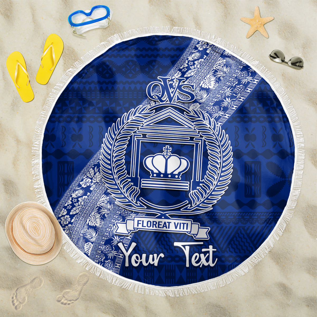Personalised Fiji Queen Victoria School Beach Blanket Fijian Tapa Pattern LT14 One Size 150cm Blue - Polynesian Pride
