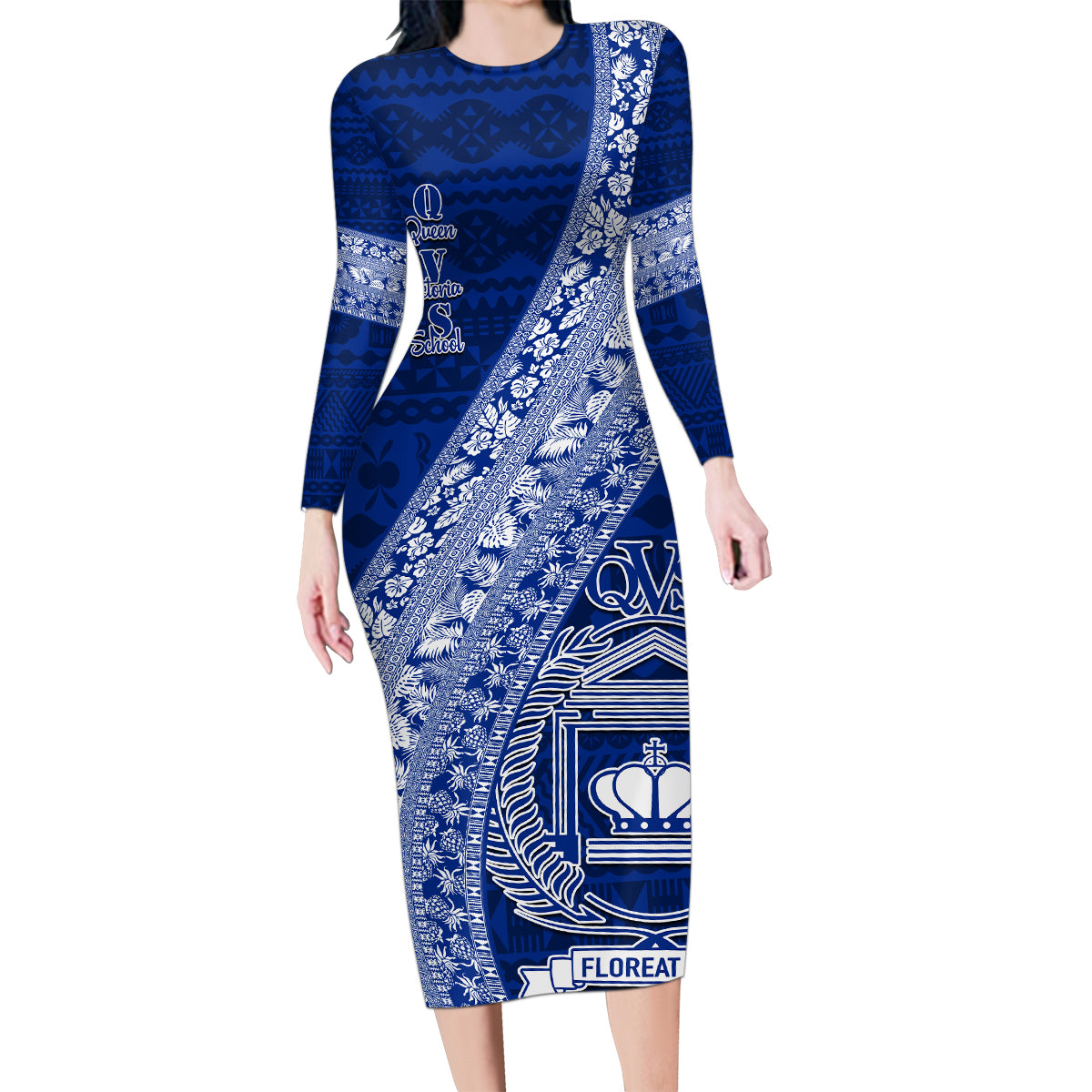 Personalised Fiji Queen Victoria School Family Matching Long Sleeve Bodycon Dress and Hawaiian Shirt Fijian Tapa Pattern LT14 Mom's Dress Blue - Polynesian Pride
