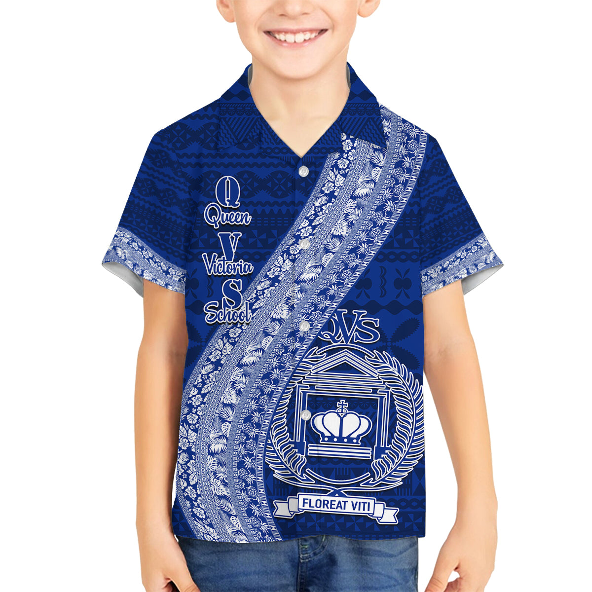Personalised Fiji Queen Victoria School Family Matching Long Sleeve Bodycon Dress and Hawaiian Shirt Fijian Tapa Pattern LT14 Son's Shirt Blue - Polynesian Pride