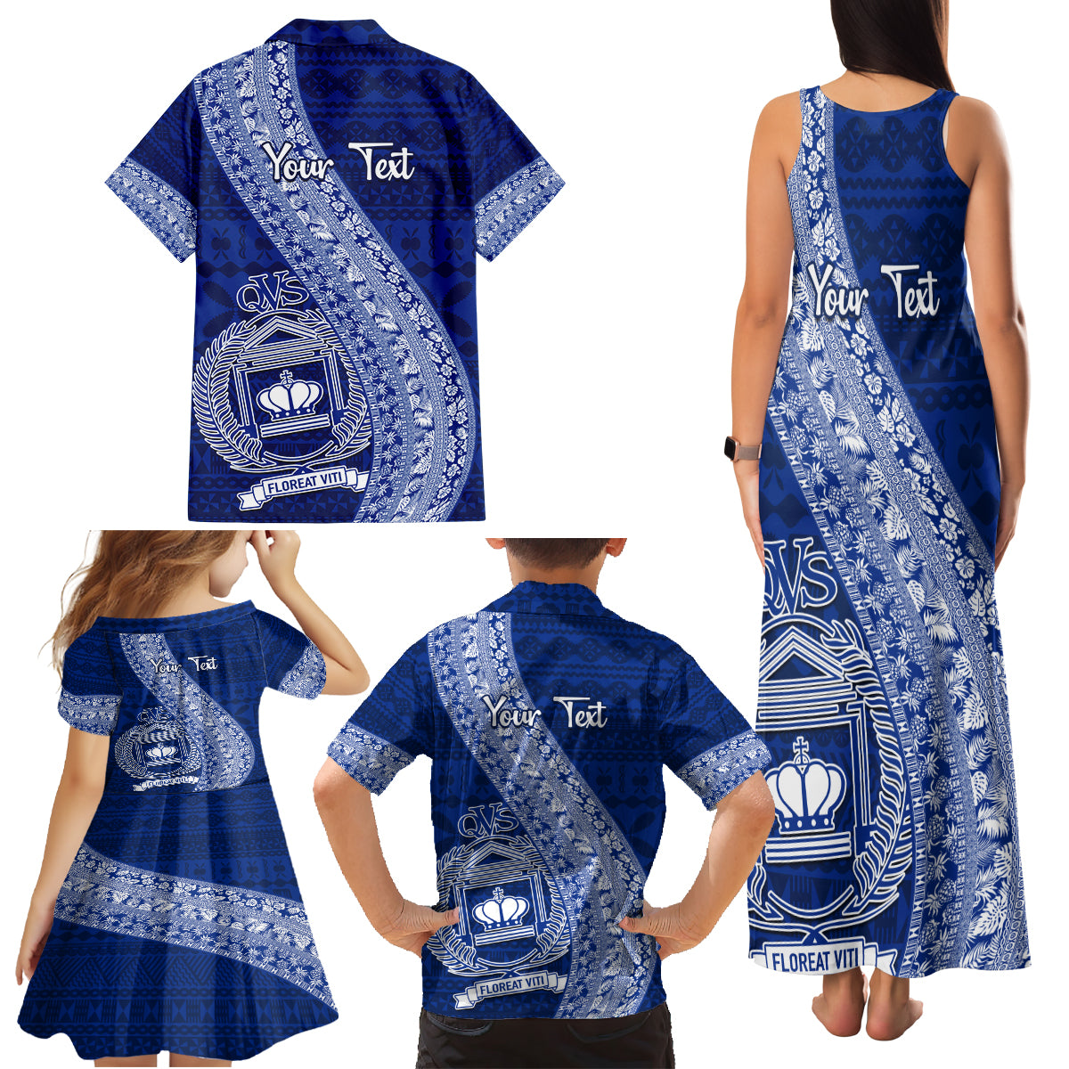 Personalised Fiji Queen Victoria School Family Matching Tank Maxi Dress and Hawaiian Shirt Fijian Tapa Pattern LT14 - Polynesian Pride