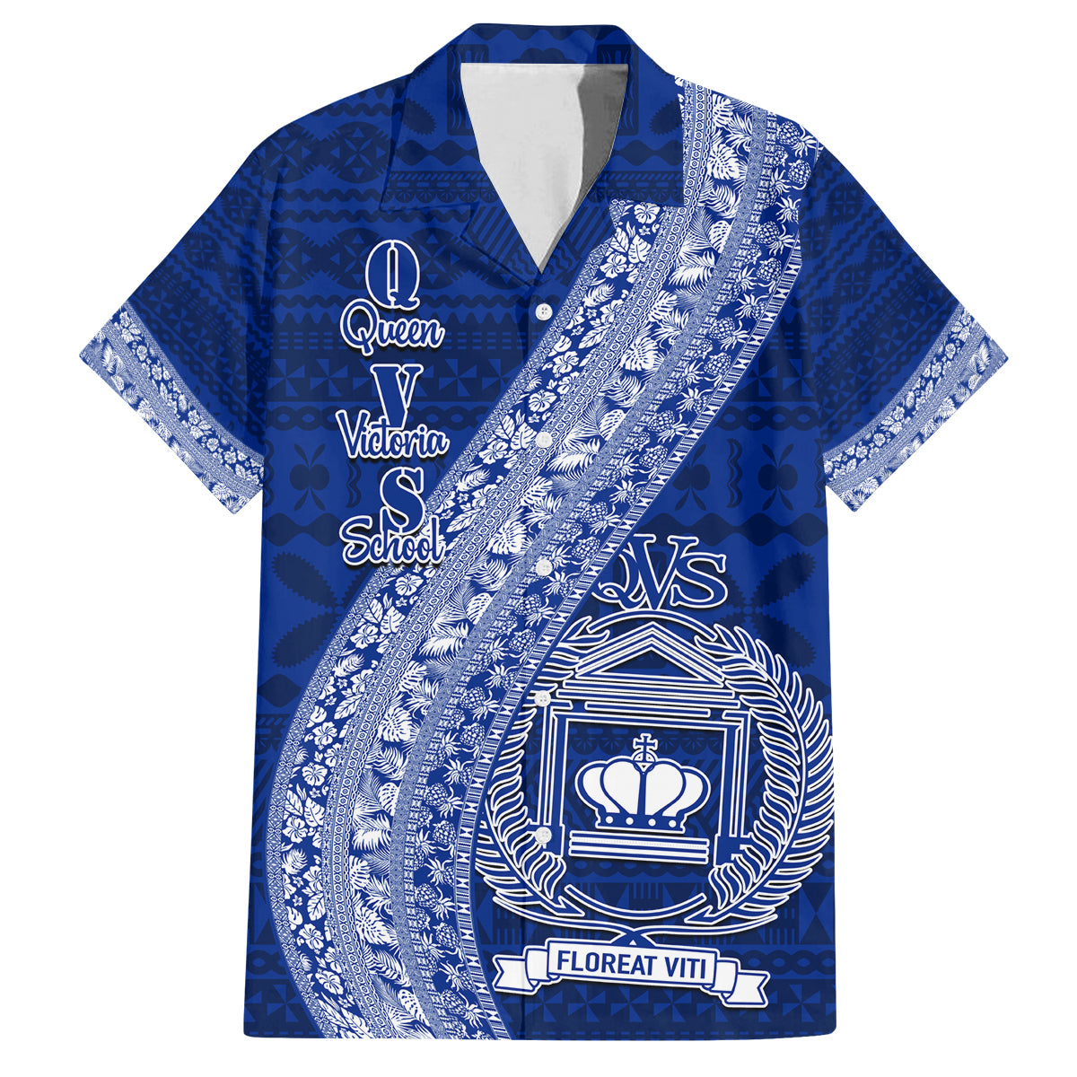 Personalised Fiji Queen Victoria School Family Matching Tank Maxi Dress and Hawaiian Shirt Fijian Tapa Pattern LT14 Dad's Shirt - Short Sleeve Blue - Polynesian Pride