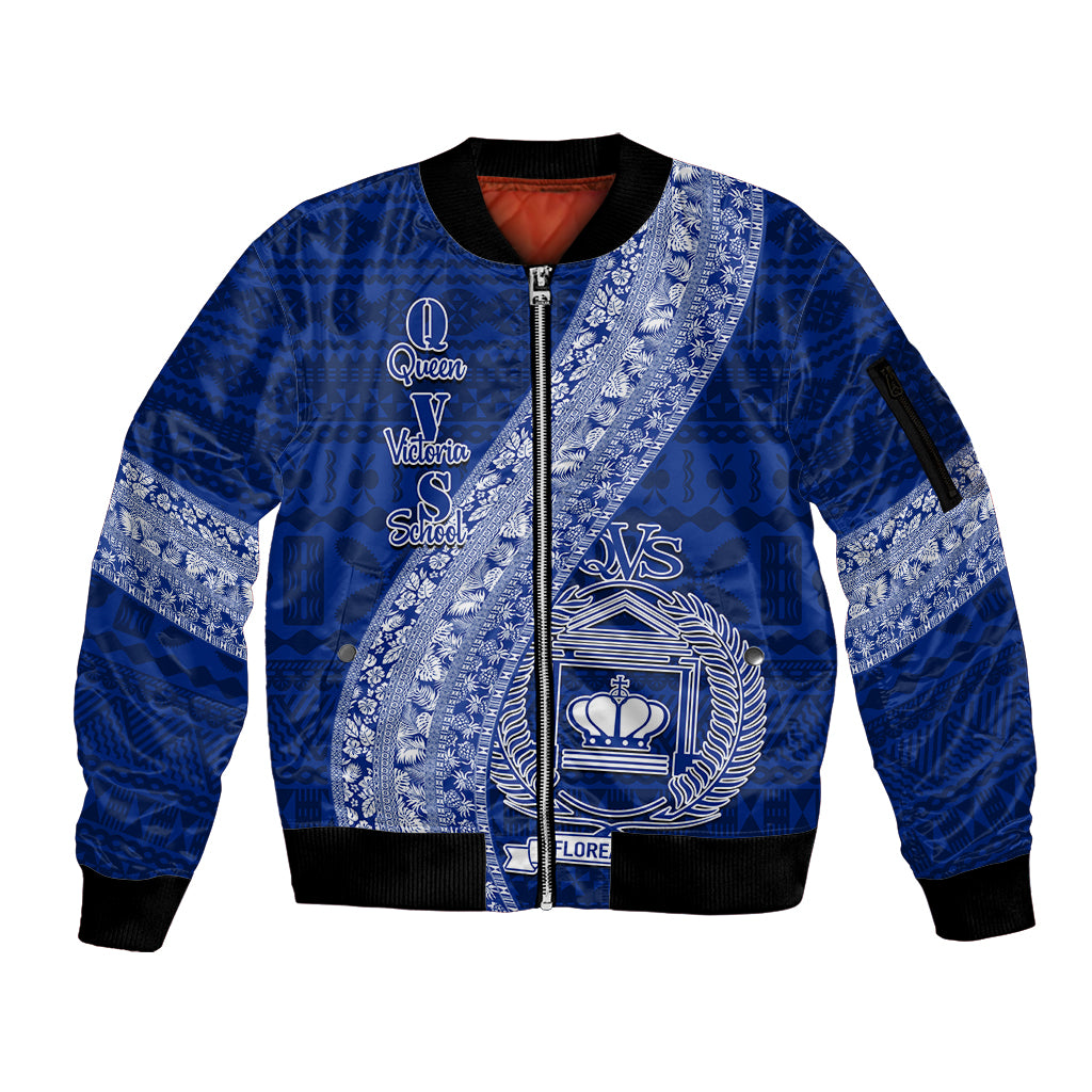 Personalised Fiji Queen Victoria School Sleeve Zip Bomber Jacket Fijian Tapa Pattern LT14 Unisex Blue - Polynesian Pride
