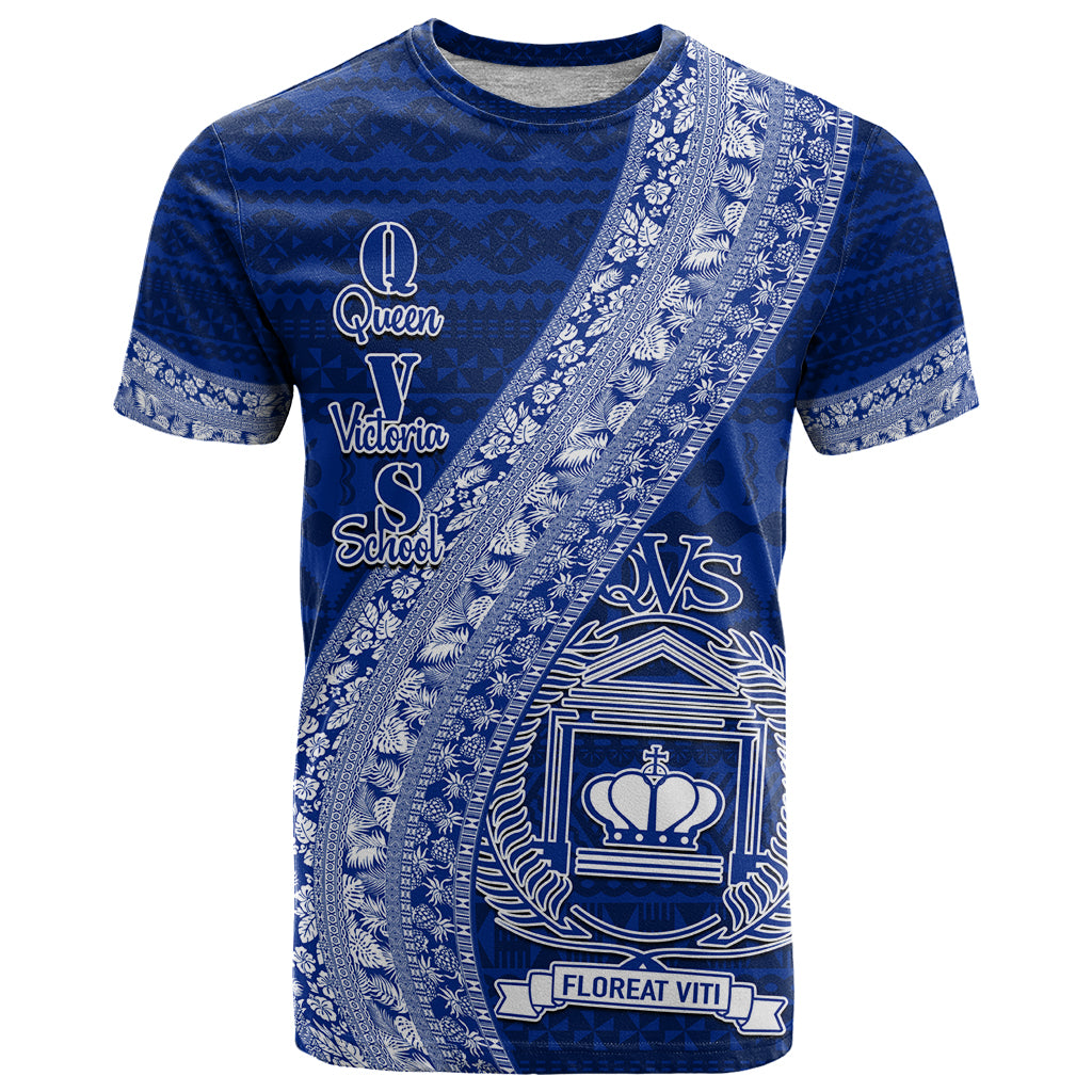 Personalised Fiji Queen Victoria School T Shirt Fijian Tapa Pattern LT14 Blue - Polynesian Pride