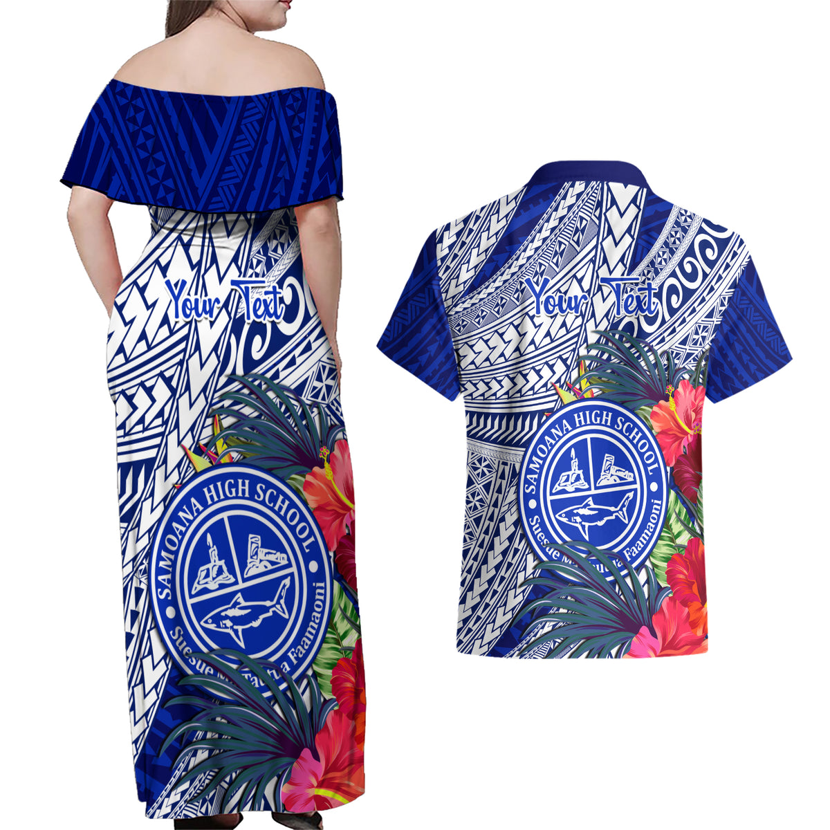 Personalised Samoana High School Couples Matching Off Shoulder Maxi Dress and Hawaiian Shirt American Samoa Schools Polynesian Tropical Flowers LT14 - Polynesian Pride