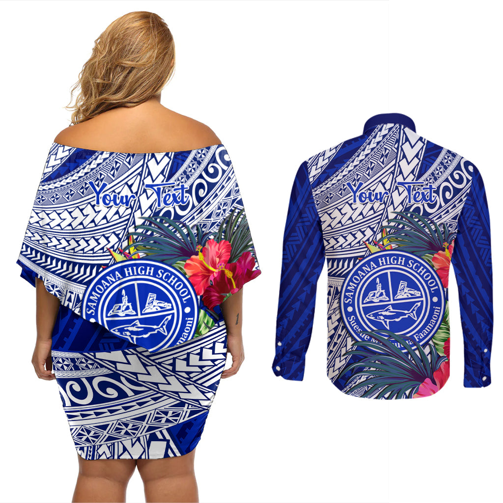 Personalised Samoana High School Couples Matching Off Shoulder Short Dress and Long Sleeve Button Shirt American Samoa Schools Polynesian Tropical Flowers LT14 - Polynesian Pride