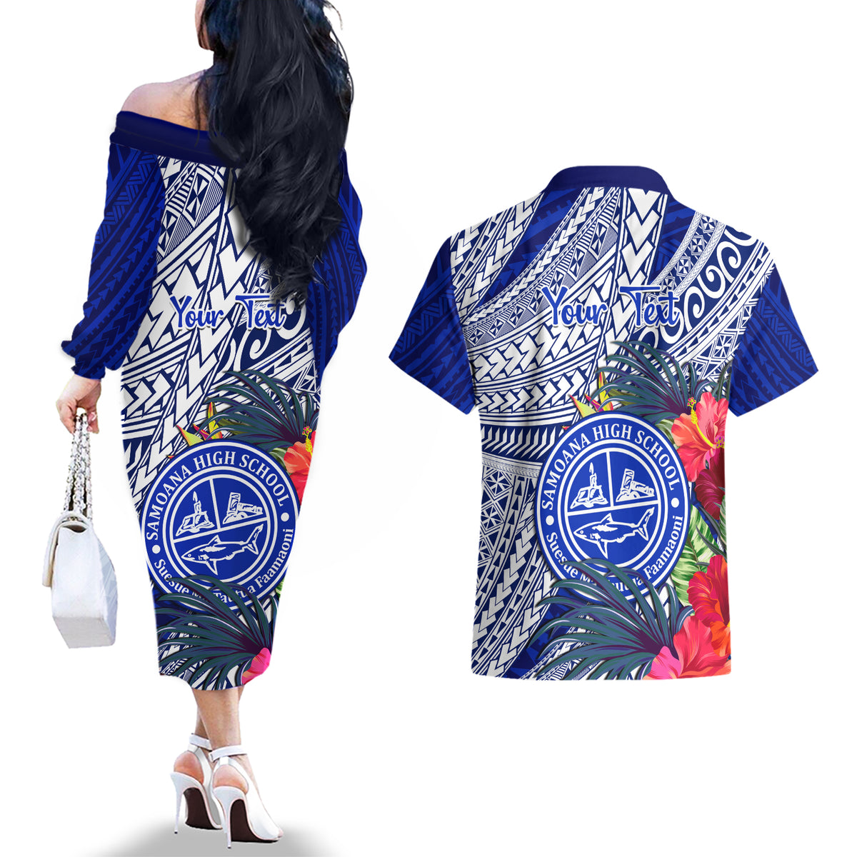 Personalised Samoana High School Couples Matching Off The Shoulder Long Sleeve Dress and Hawaiian Shirt American Samoa Schools Polynesian Tropical Flowers LT14 - Polynesian Pride