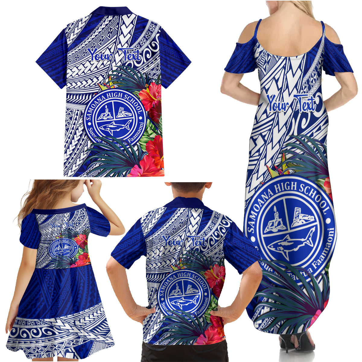 Personalised Samoana High School Family Matching Summer Maxi Dress and Hawaiian Shirt American Samoa Schools Polynesian Tropical Flowers LT14 - Polynesian Pride