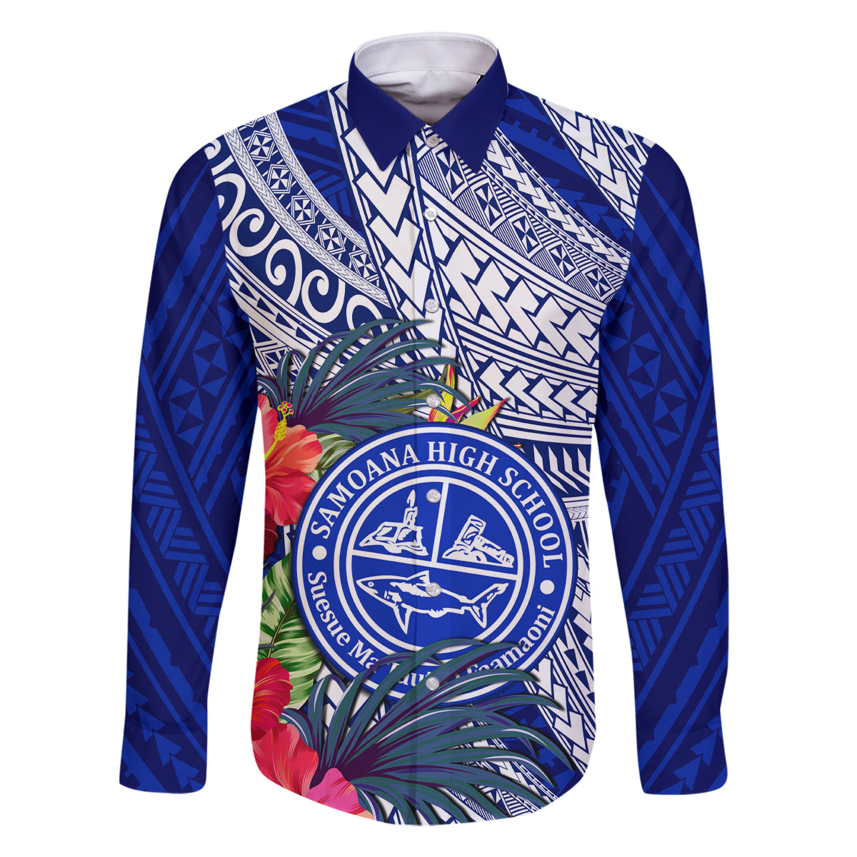 Personalised Samoana High School Family Matching Tank Maxi Dress and Hawaiian Shirt American Samoa Schools Polynesian Tropical Flowers LT14 Dad's Shirt - Long Sleeve Blue - Polynesian Pride