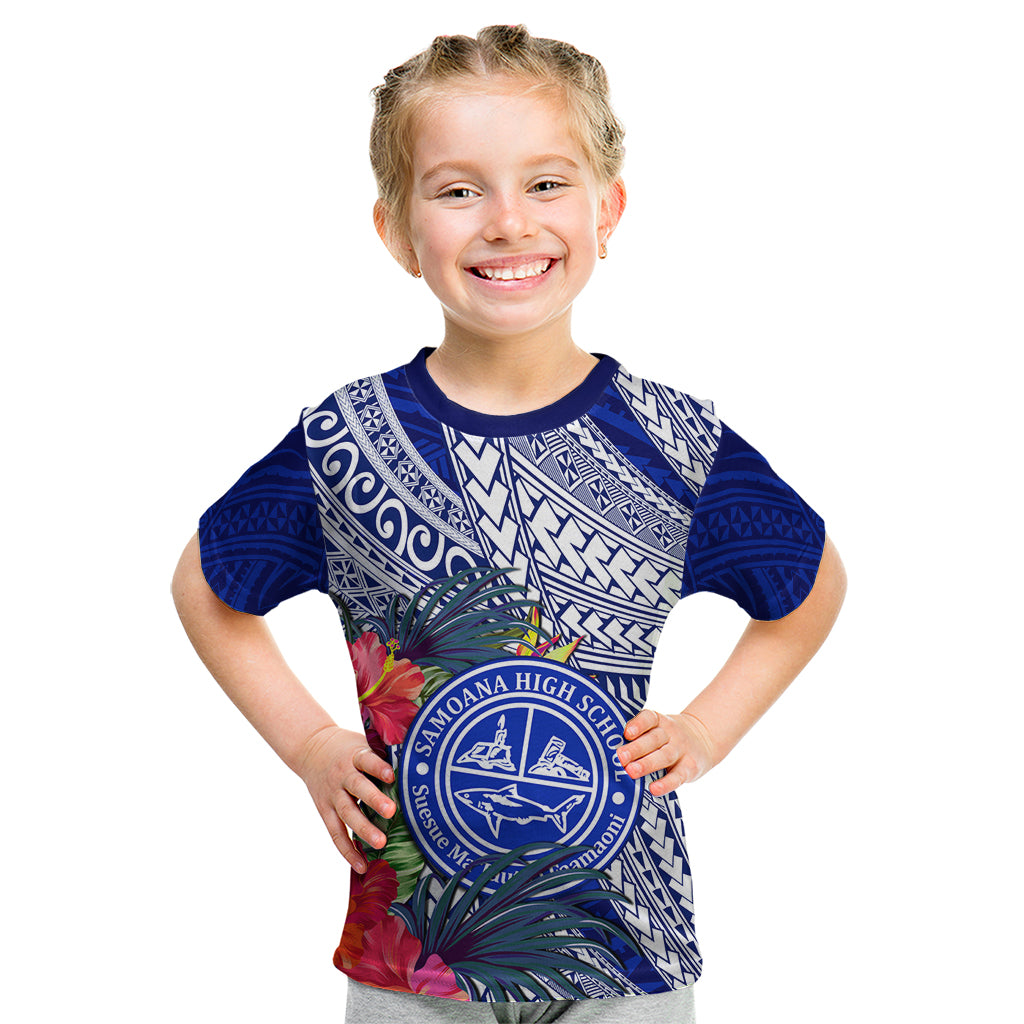 Personalised Samoana High School Kid T Shirt American Samoa Schools Polynesian Tropical Flowers LT14 Blue - Polynesian Pride