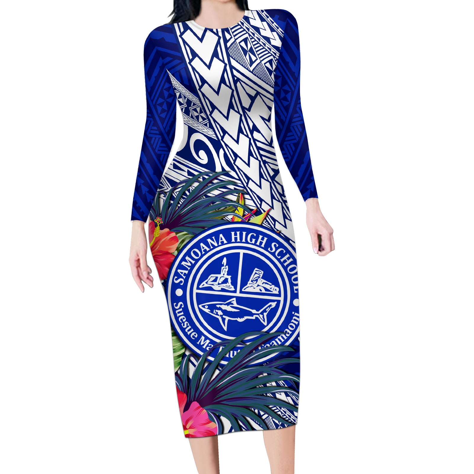 Personalised Samoana High School Long Sleeve Bodycon Dress American Samoa Schools Polynesian Tropical Flowers LT14 Long Dress Blue - Polynesian Pride