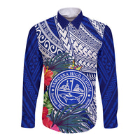 Personalised Samoana High School Long Sleeve Button Shirt American Samoa Schools Polynesian Tropical Flowers LT14 Unisex Blue - Polynesian Pride
