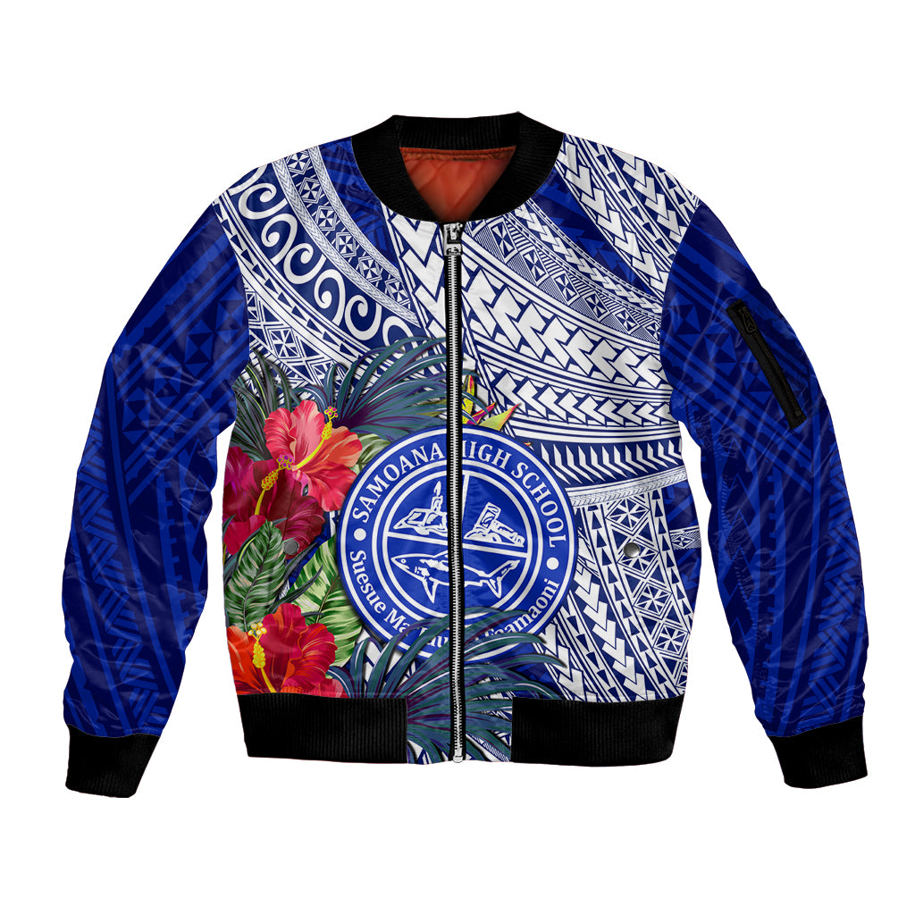 Personalised Samoana High School Sleeve Zip Bomber Jacket American Samoa Schools Polynesian Tropical Flowers LT14 Unisex Blue - Polynesian Pride