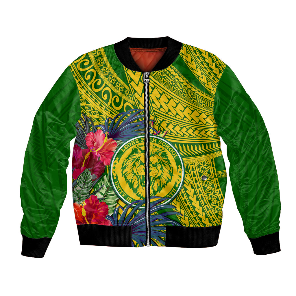 Personalised Leone High School Bomber Jacket American Samoa Schools Polynesian Tropical Flowers LT14 Unisex Green - Polynesian Pride