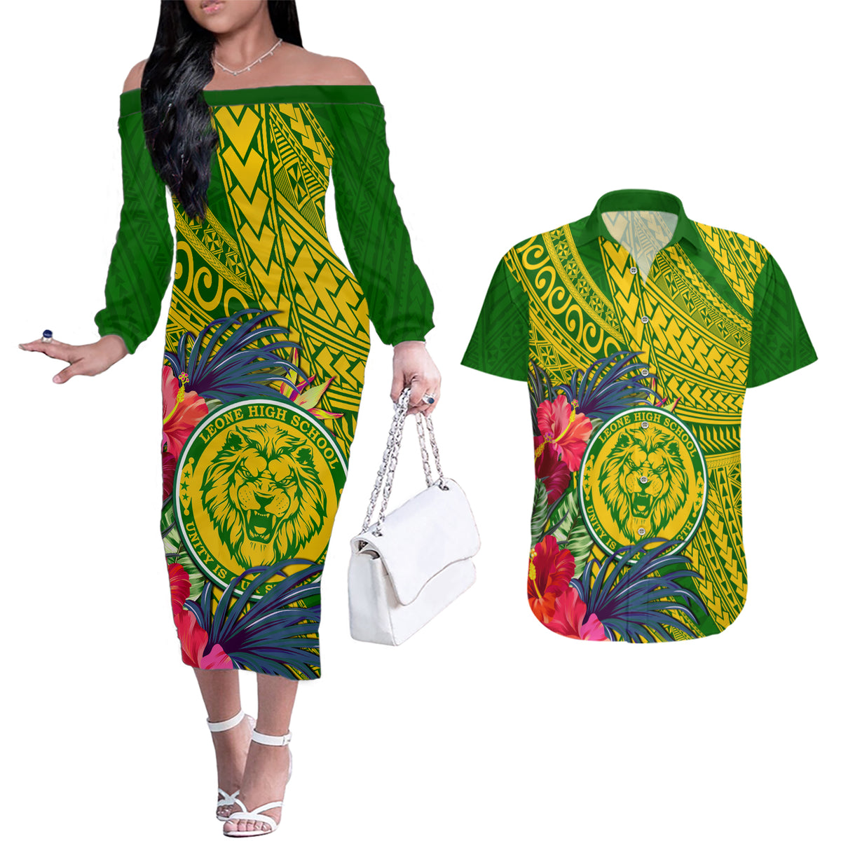 Personalised Leone High School Couples Matching Off The Shoulder Long Sleeve Dress and Hawaiian Shirt American Samoa Schools Polynesian Tropical Flowers LT14 Green - Polynesian Pride