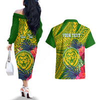 Personalised Leone High School Couples Matching Off The Shoulder Long Sleeve Dress and Hawaiian Shirt American Samoa Schools Polynesian Tropical Flowers LT14 - Polynesian Pride