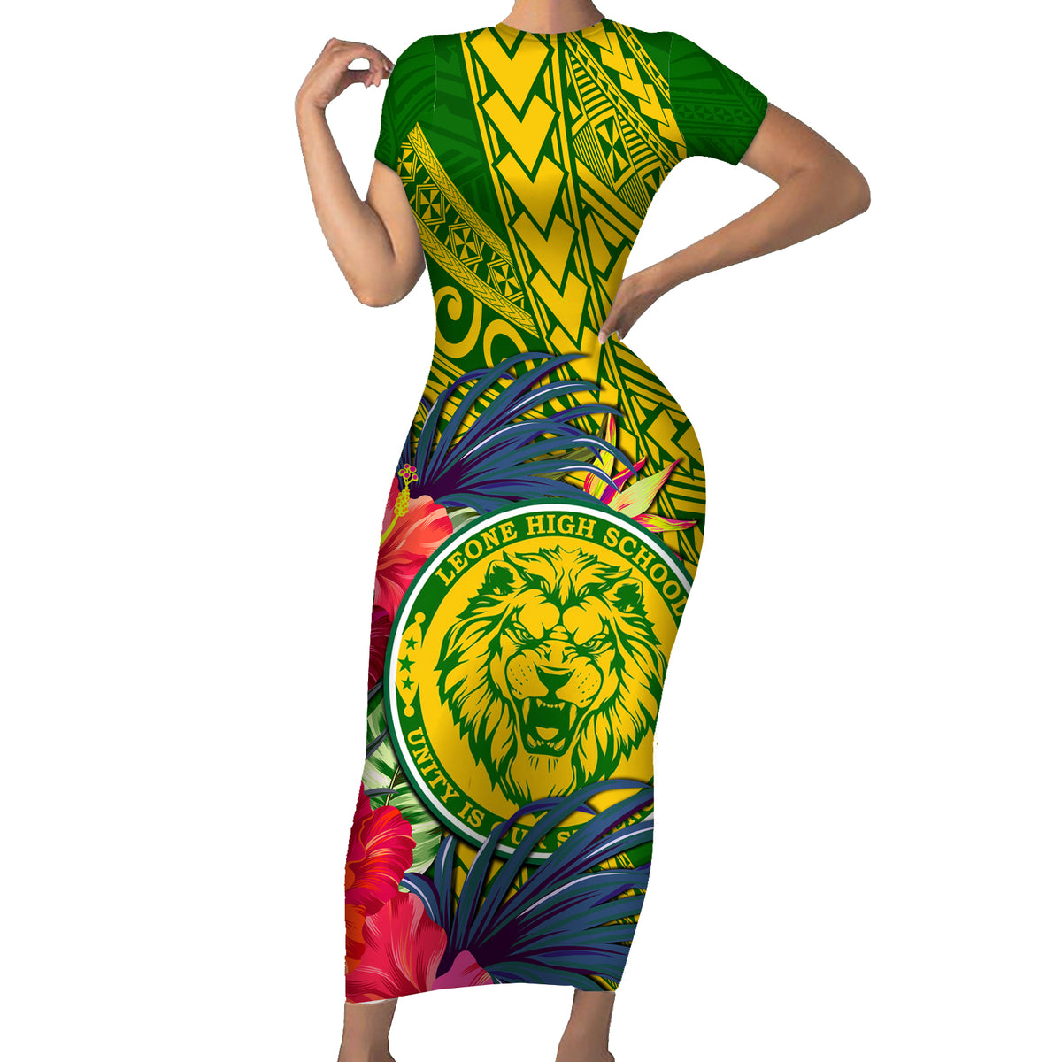 Personalised Leone High School Short Sleeve Bodycon Dress American Samoa Schools Polynesian Tropical Flowers LT14 Long Dress Green - Polynesian Pride