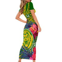 Personalised Leone High School Short Sleeve Bodycon Dress American Samoa Schools Polynesian Tropical Flowers LT14 - Polynesian Pride