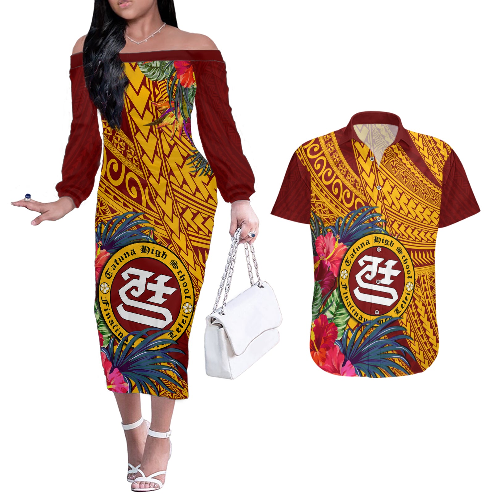 Personalised Tafuna High School Couples Matching Off The Shoulder Long Sleeve Dress and Hawaiian Shirt American Samoa Schools Polynesian Tropical Flowers LT14 Maroon - Polynesian Pride
