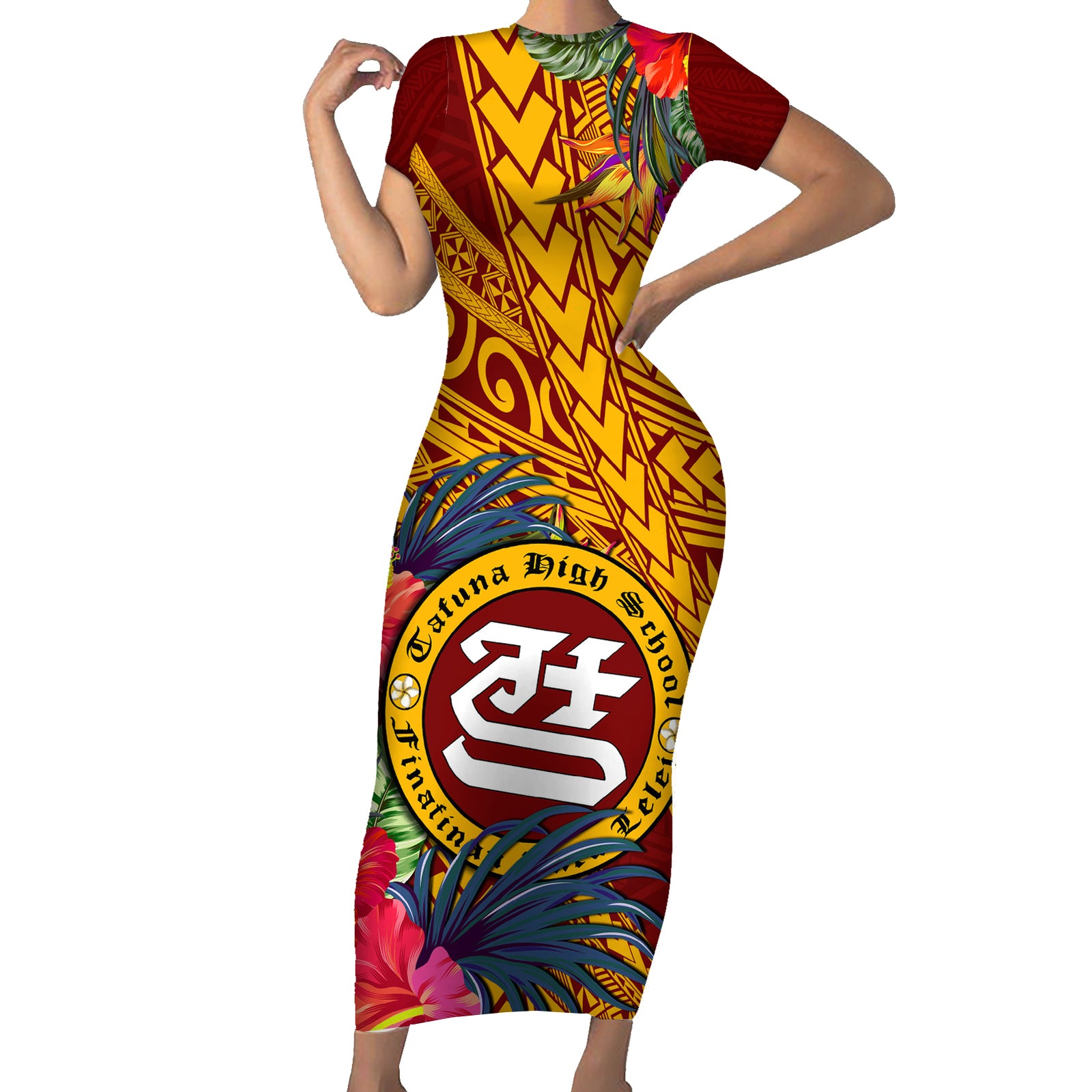 Personalised Tafuna High School Short Sleeve Bodycon Dress American Samoa Schools Polynesian Tropical Flowers LT14 Long Dress Maroon - Polynesian Pride