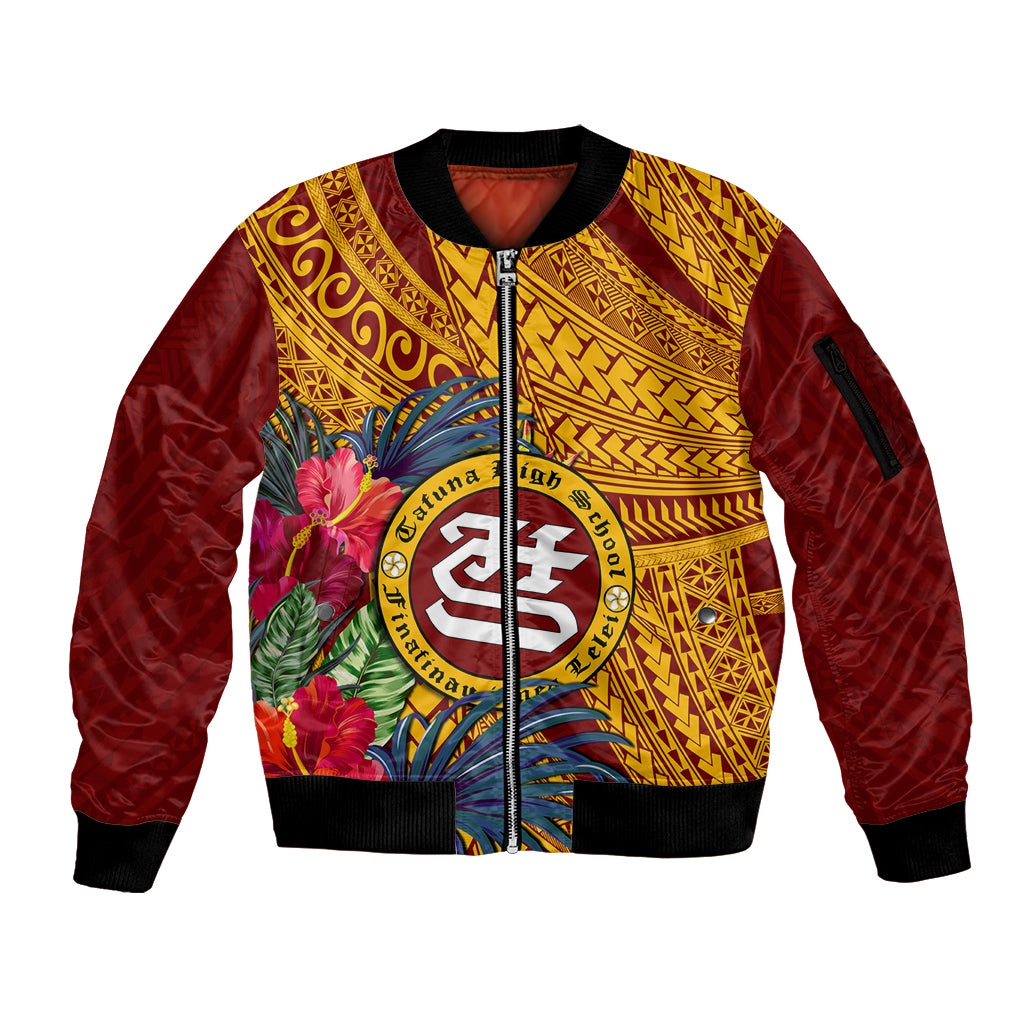 Personalised Tafuna High School Sleeve Zip Bomber Jacket American Samoa Schools Polynesian Tropical Flowers LT14 Unisex Maroon - Polynesian Pride