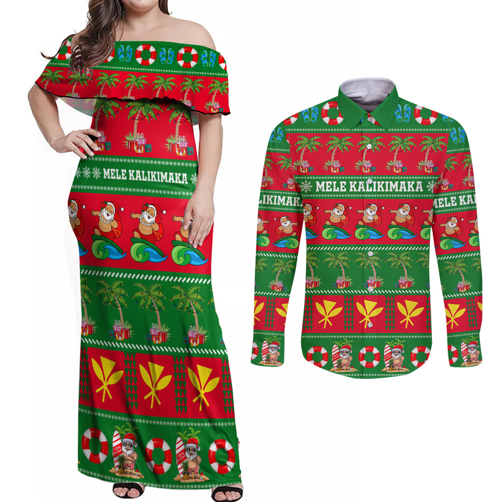 Personalised Hawaii Christmas Couples Matching Off Shoulder Maxi Dress and Long Sleeve Button Shirt Mele Kalikimaka LT14 Green - Polynesian Pride