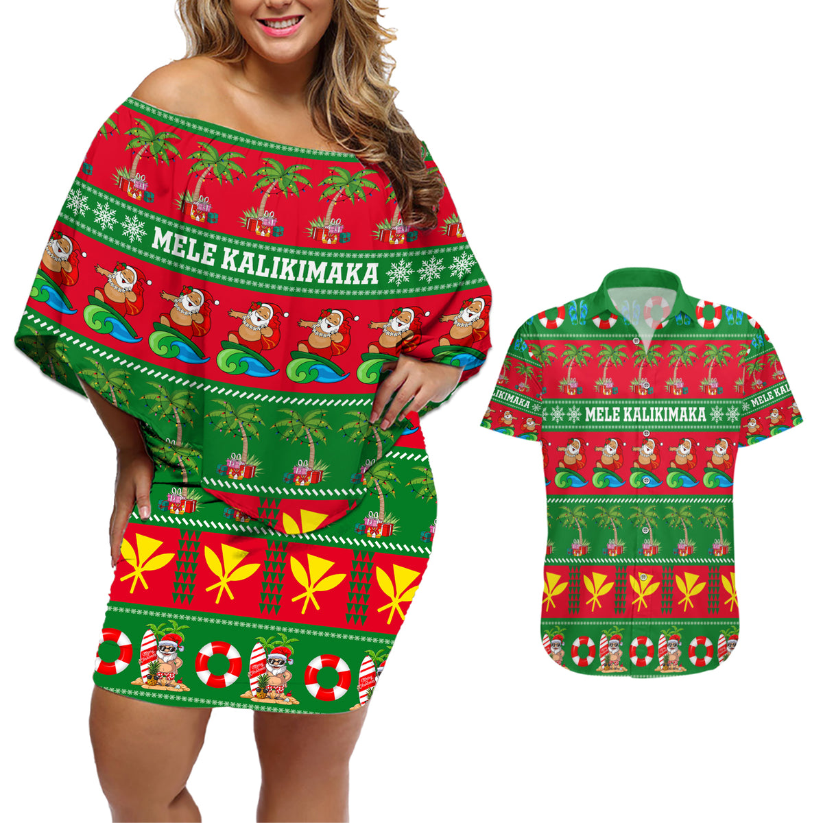 Personalised Hawaii Christmas Couples Matching Off Shoulder Short Dress and Hawaiian Shirt Mele Kalikimaka LT14 Green - Polynesian Pride
