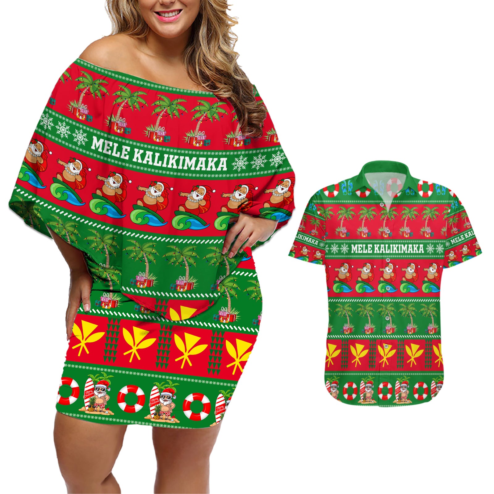 Personalised Hawaii Christmas Couples Matching Off Shoulder Short Dress and Hawaiian Shirt Mele Kalikimaka LT14 Green - Polynesian Pride