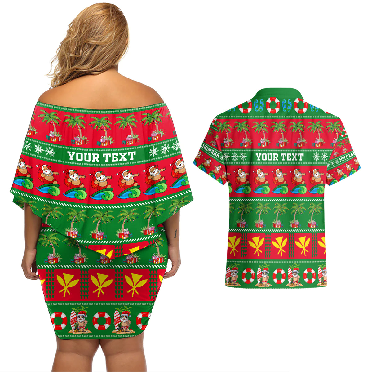 Personalised Hawaii Christmas Couples Matching Off Shoulder Short Dress and Hawaiian Shirt Mele Kalikimaka LT14 - Polynesian Pride