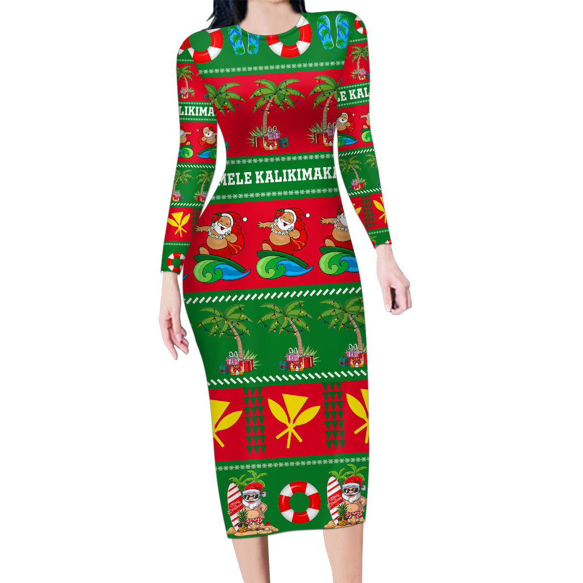 Personalised Hawaii Christmas Family Matching Long Sleeve Bodycon Dress and Hawaiian Shirt Mele Kalikimaka LT14 Mom's Dress Green - Polynesian Pride