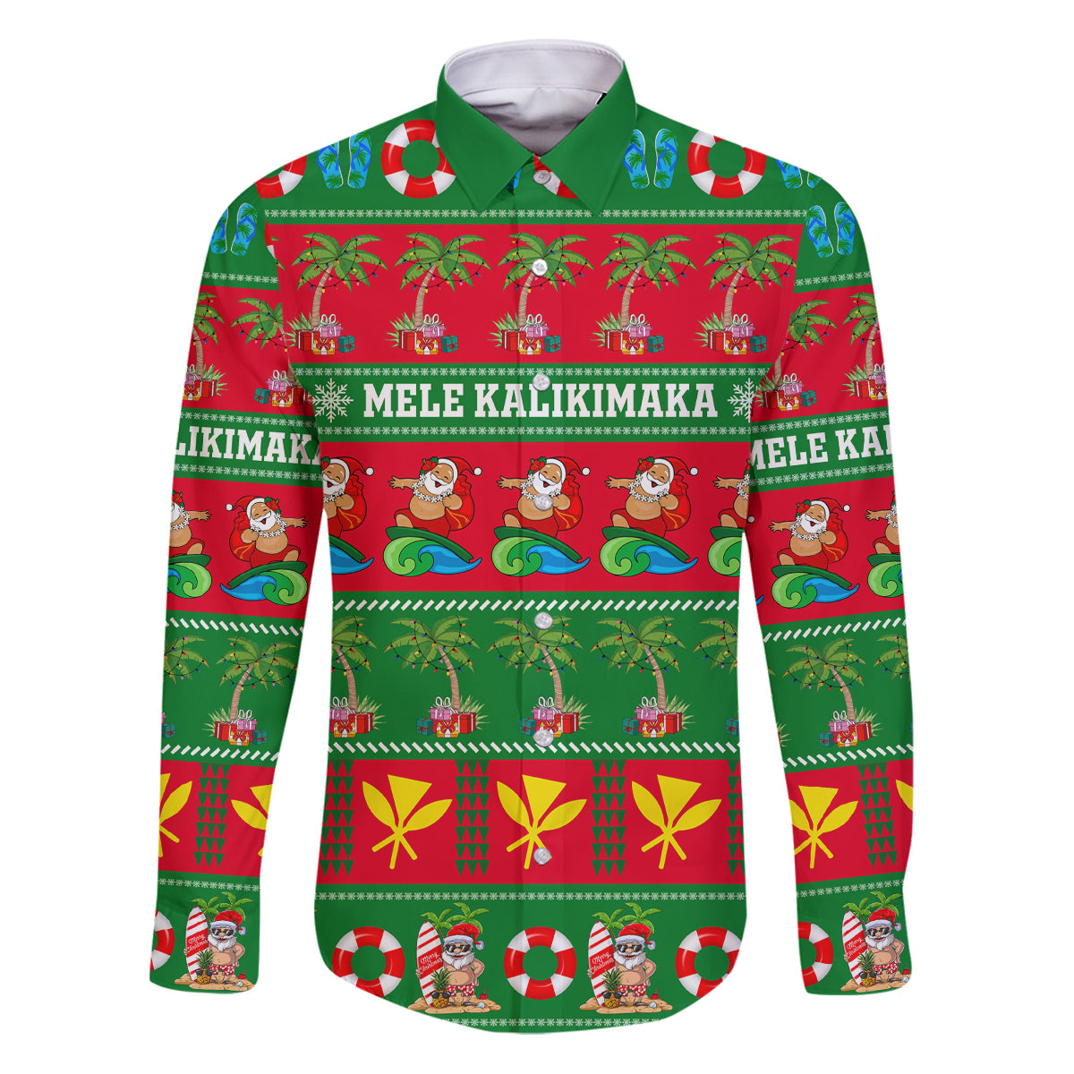 Personalised Hawaii Christmas Family Matching Puletasi Dress and Hawaiian Shirt Mele Kalikimaka LT14 Dad's Shirt - Long Sleeve Green - Polynesian Pride