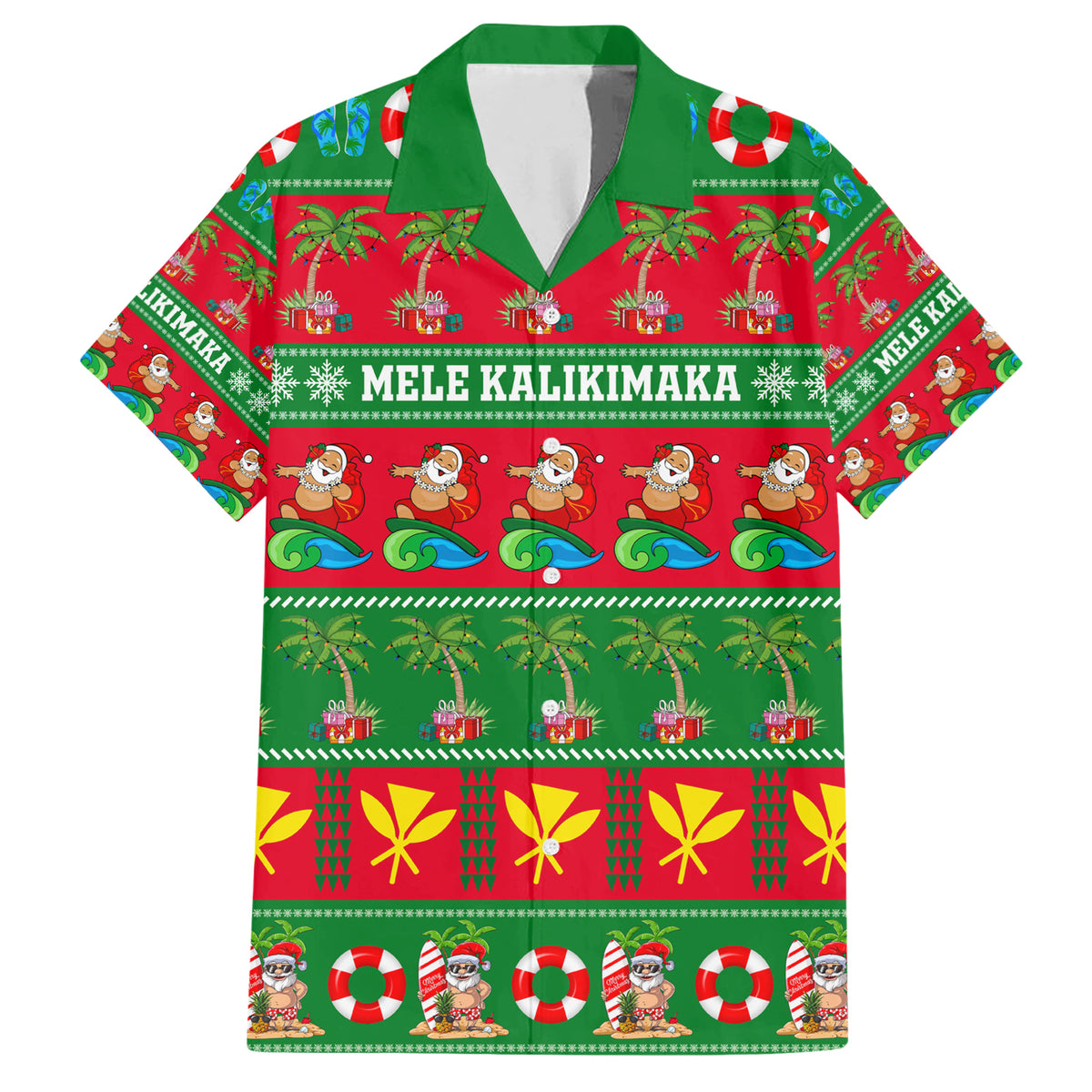 Personalised Hawaii Christmas Family Matching Short Sleeve Bodycon Dress and Hawaiian Shirt Mele Kalikimaka LT14 Dad's Shirt - Short Sleeve Green - Polynesian Pride