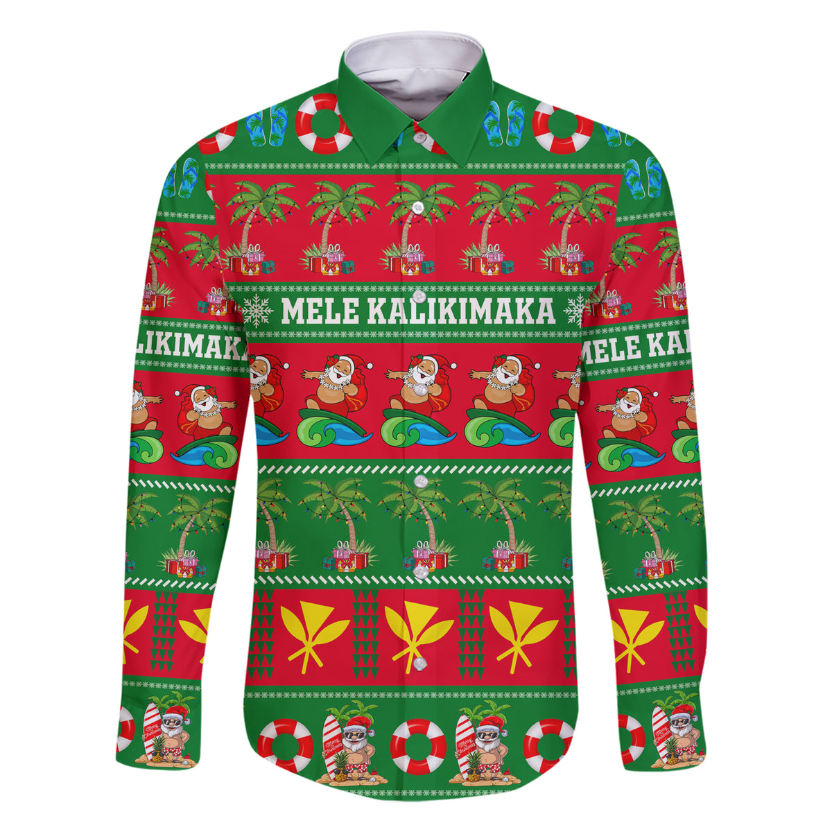 Personalised Hawaii Christmas Family Matching Short Sleeve Bodycon Dress and Hawaiian Shirt Mele Kalikimaka LT14 Dad's Shirt - Long Sleeve Green - Polynesian Pride