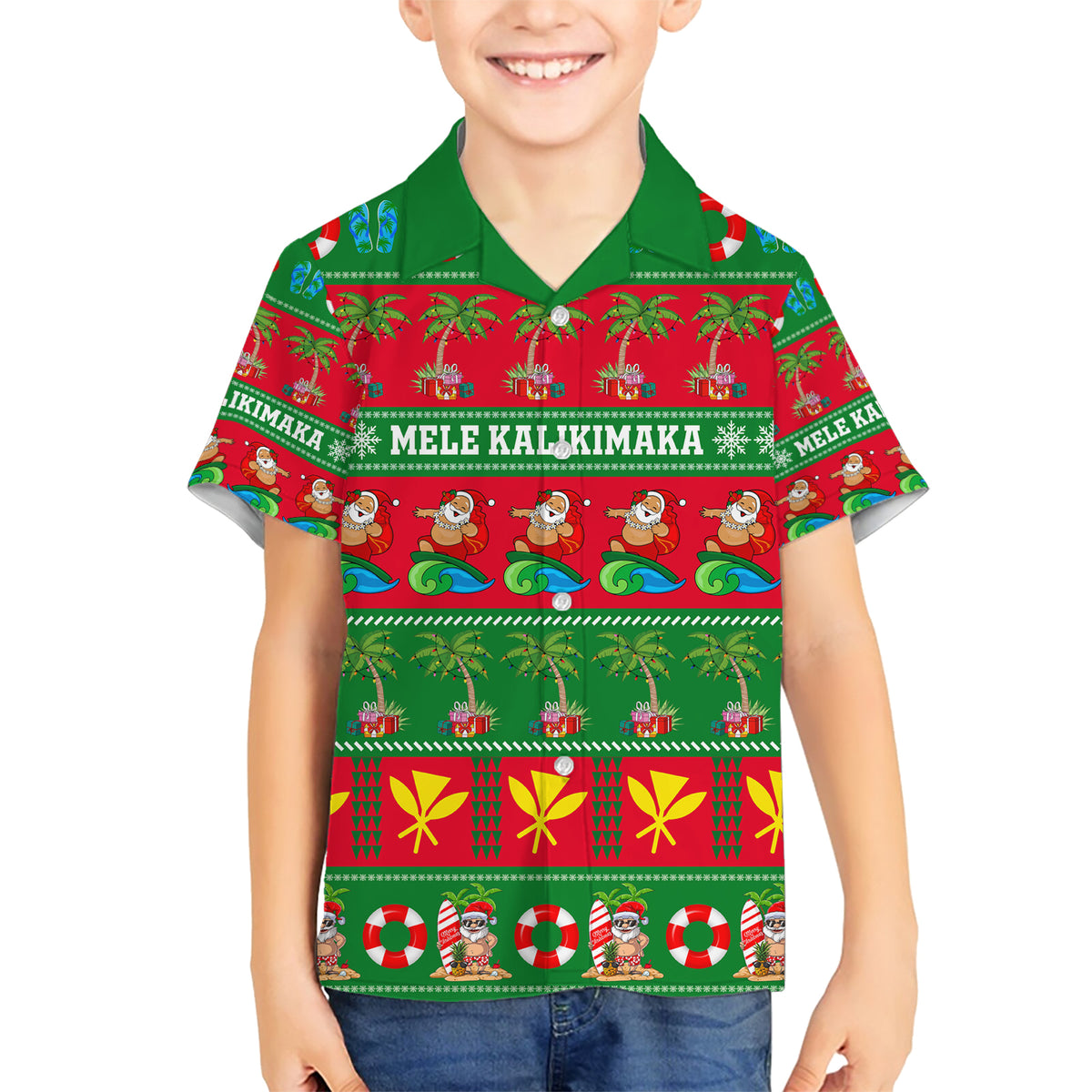 Personalised Hawaii Christmas Family Matching Short Sleeve Bodycon Dress and Hawaiian Shirt Mele Kalikimaka LT14 Son's Shirt Green - Polynesian Pride