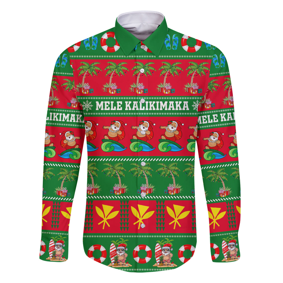 Personalised Hawaii Christmas Family Matching Summer Maxi Dress and Hawaiian Shirt Mele Kalikimaka LT14 Dad's Shirt - Long Sleeve Green - Polynesian Pride
