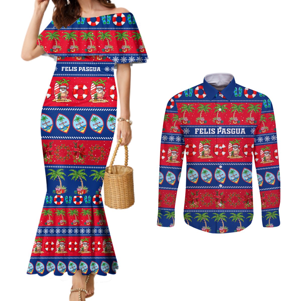 Personalised Guam Christmas Couples Matching Mermaid Dress and Long Sleeve Button Shirt Felis Pasgua LT14 Blue - Polynesian Pride