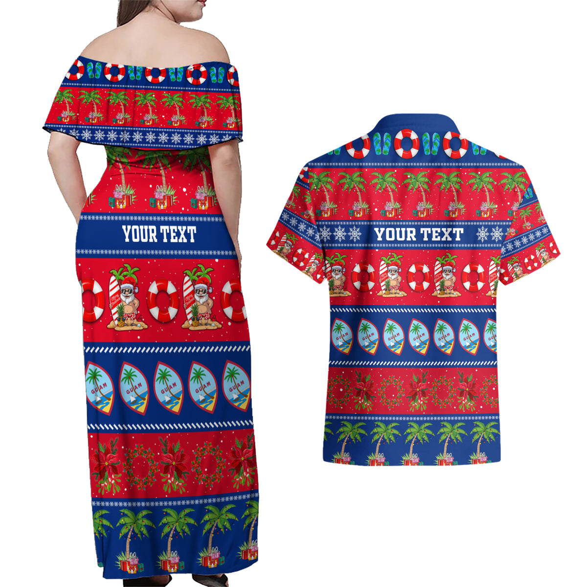 Personalised Guam Christmas Couples Matching Off Shoulder Maxi Dress and Hawaiian Shirt Felis Pasgua LT14 - Polynesian Pride