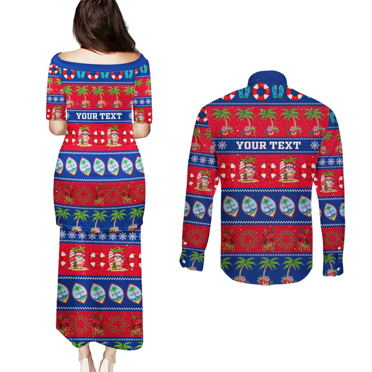 Personalised Guam Christmas Couples Matching Puletasi Dress and Long Sleeve Button Shirt Felis Pasgua LT14 - Polynesian Pride