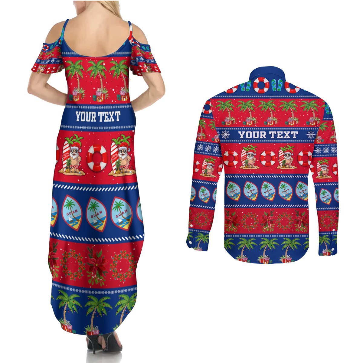 Personalised Guam Christmas Couples Matching Summer Maxi Dress and Long Sleeve Button Shirt Felis Pasgua LT14 - Polynesian Pride