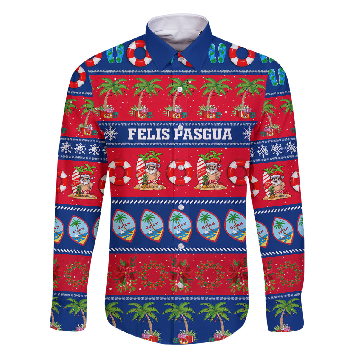 Personalised Guam Christmas Family Matching Long Sleeve Bodycon Dress and Hawaiian Shirt Felis Pasgua LT14 Dad's Shirt - Long Sleeve Blue - Polynesian Pride