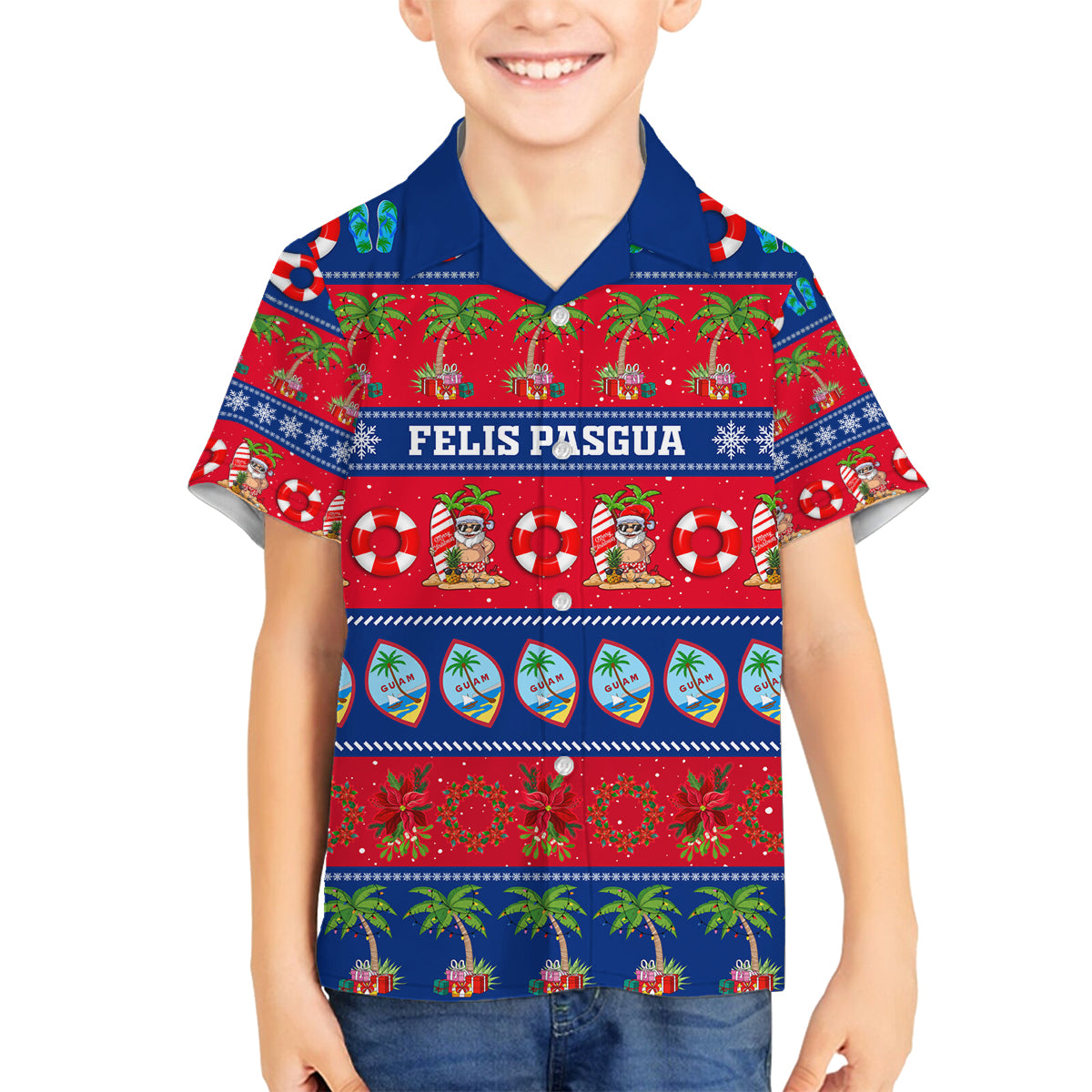 Personalised Guam Christmas Family Matching Long Sleeve Bodycon Dress and Hawaiian Shirt Felis Pasgua LT14 Son's Shirt Blue - Polynesian Pride