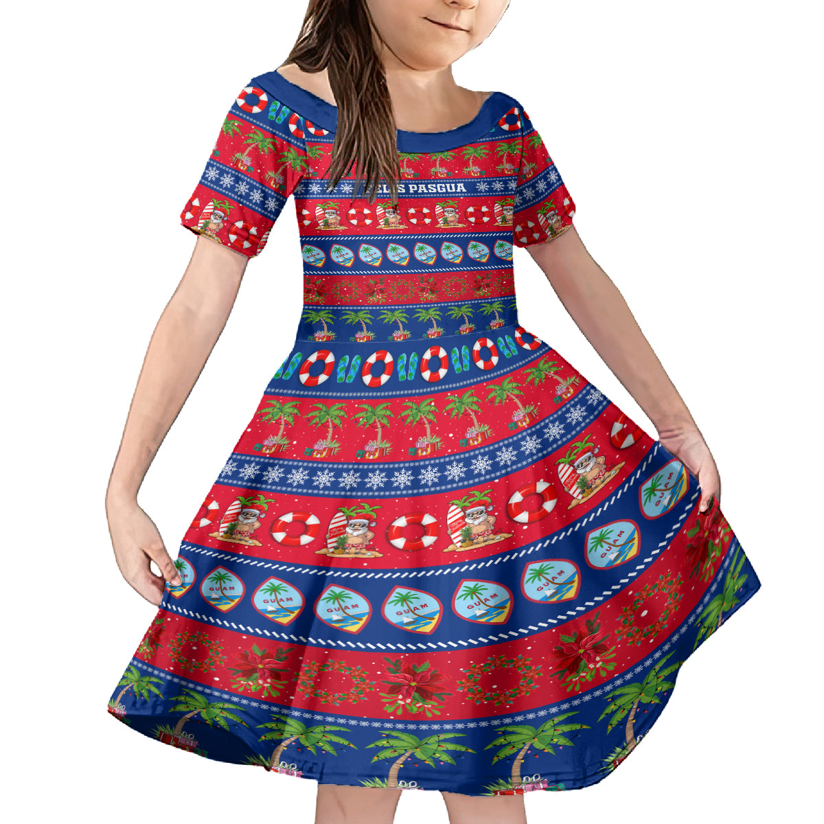Personalised Guam Christmas Kid Short Sleeve Dress Felis Pasgua LT14 KID Blue - Polynesian Pride
