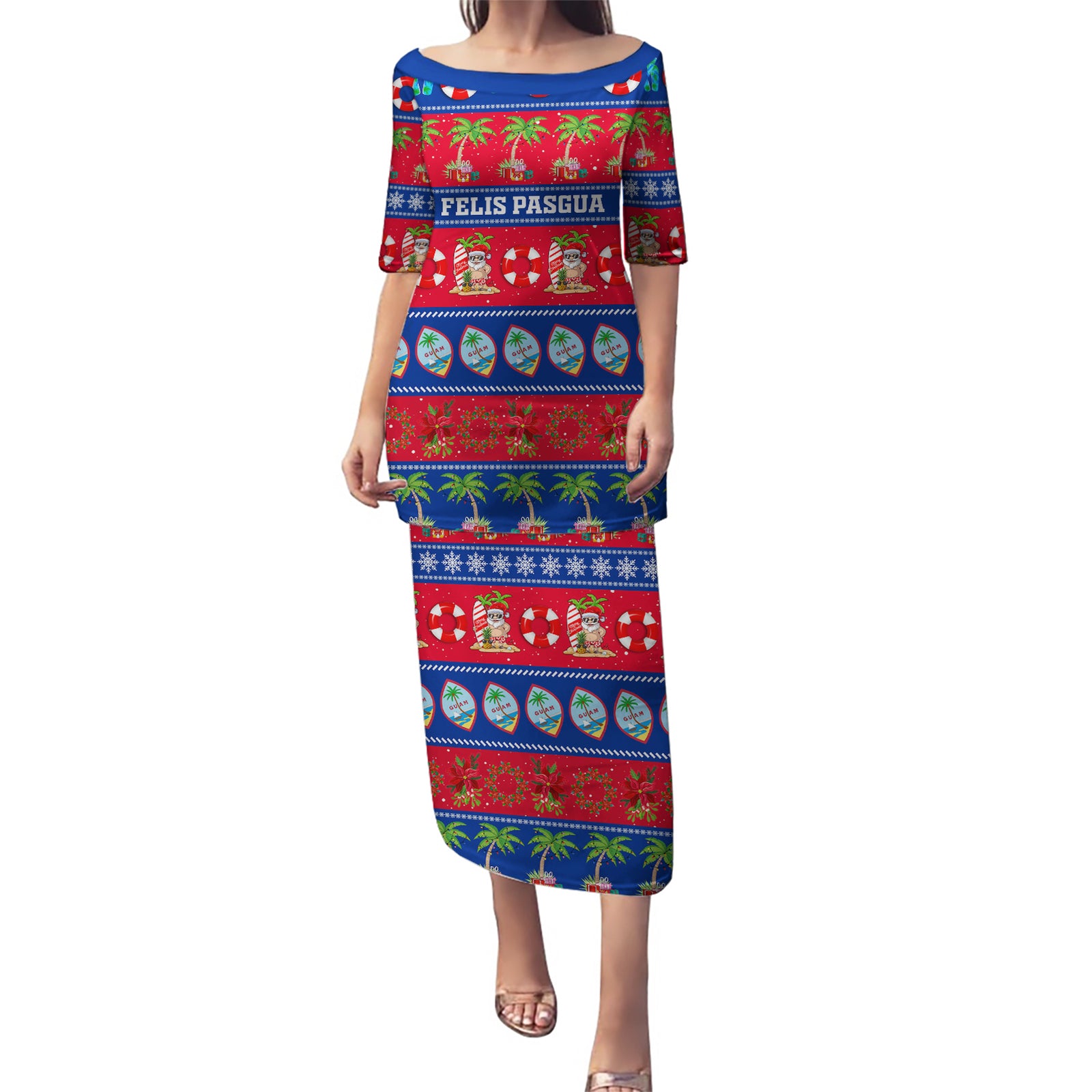 Personalised Guam Christmas Puletasi Felis Pasgua LT14 Long Dress Blue - Polynesian Pride