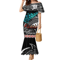 Personalised New Zealand Waka Family Matching Mermaid Dress and Hawaiian Shirt Aotearoa Maori Silver Fern Pattern LT14 Mom's Dress Black - Polynesian Pride